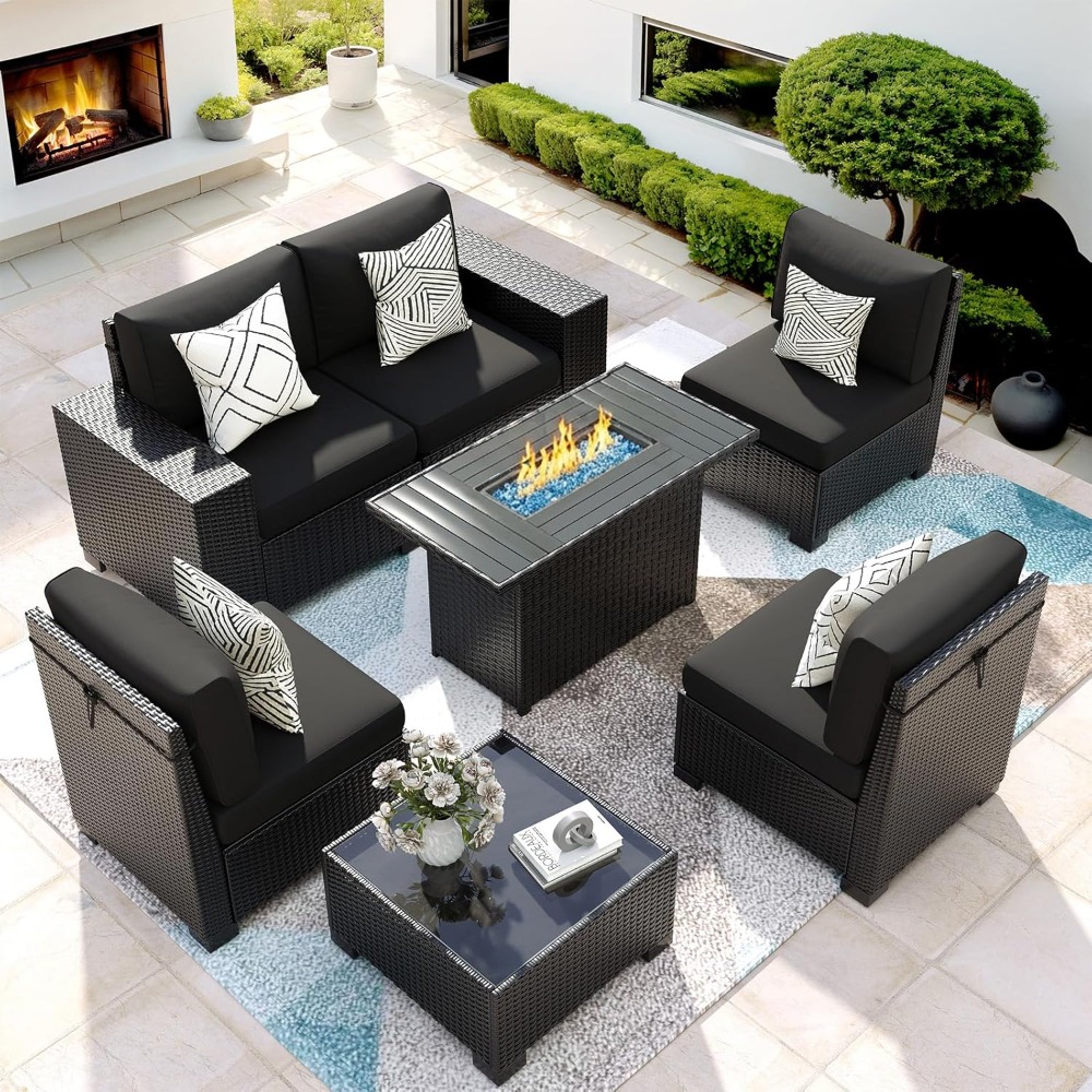 Outdoor Furniture Fire Pit Set - 7 Piece Outdoor Sectional Sofa with