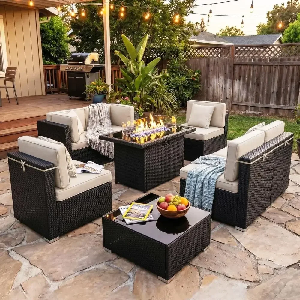Outdoor Furniture And Fire Pit - 8-Piece Outdoor Patio Furniture Set with