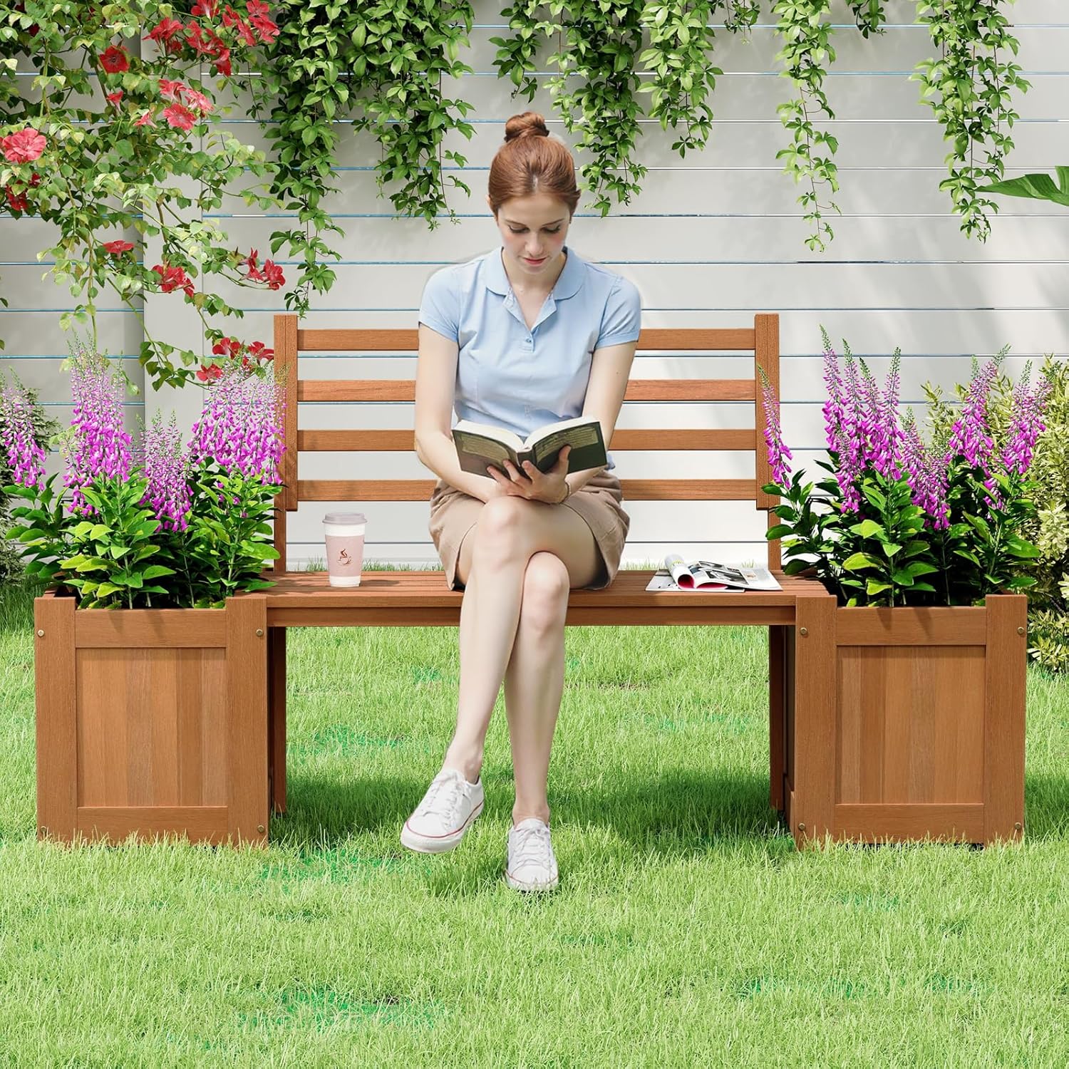 2-in-1 Wood Outdoor Bench with - Outdoor Furniture Oil 评论和价格