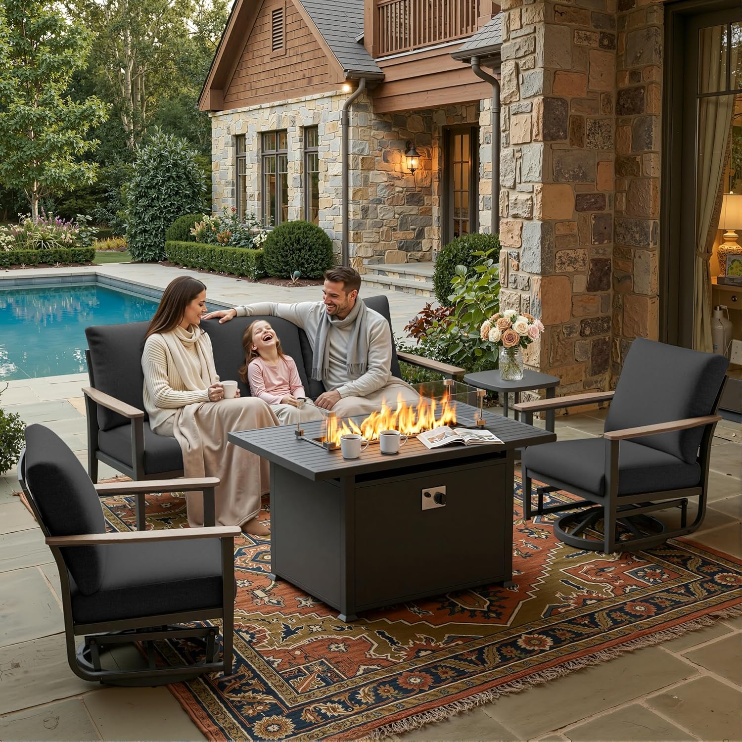 5pc Aluminum Patio Set Swivel  - Outdoor Furniture And Fire Pit 评论和价格