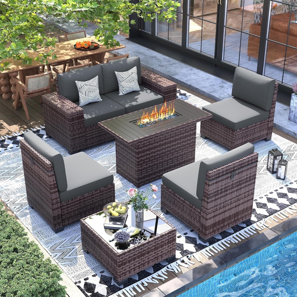 Sectional Sofa Set with Fire P - Outdoor Furniture And Fire Pit 评论和价格